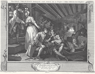 William_Hogarth_-_Industry_and_Idleness,_Plate_9;_The_Idle_'Prentice_betrayed_and_taken_in_a_Night-Cellar_with_his_Accomplice